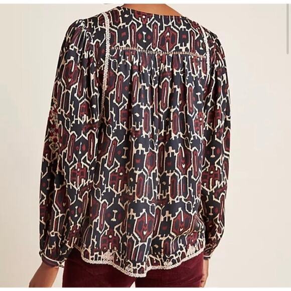 Anthropologie Maeve Veda Embroidered Blouse Size XSP  Brown Motif - Picture 2 of 10